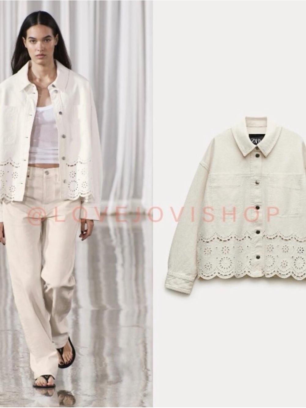 Zara Eyelet Detail Scalloped Hem Ivory Cotton Jacket